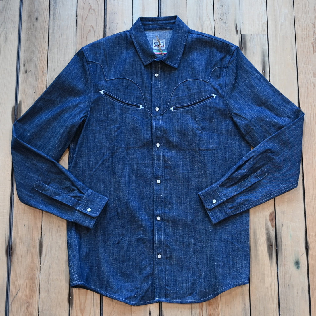 View of Blue Blanket men’s dark denim Western shirt with pearl snaps and smile pockets