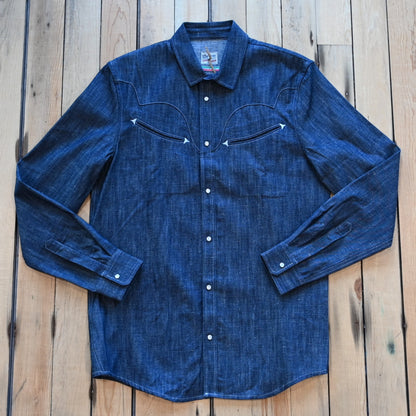 View of Blue Blanket men’s dark denim Western shirt with pearl snaps and smile pockets