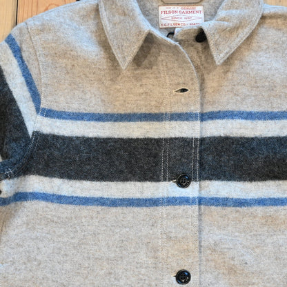 Filson Ladies Wool Overshirt in gray with black blanket stripes, chest pockets, and button front