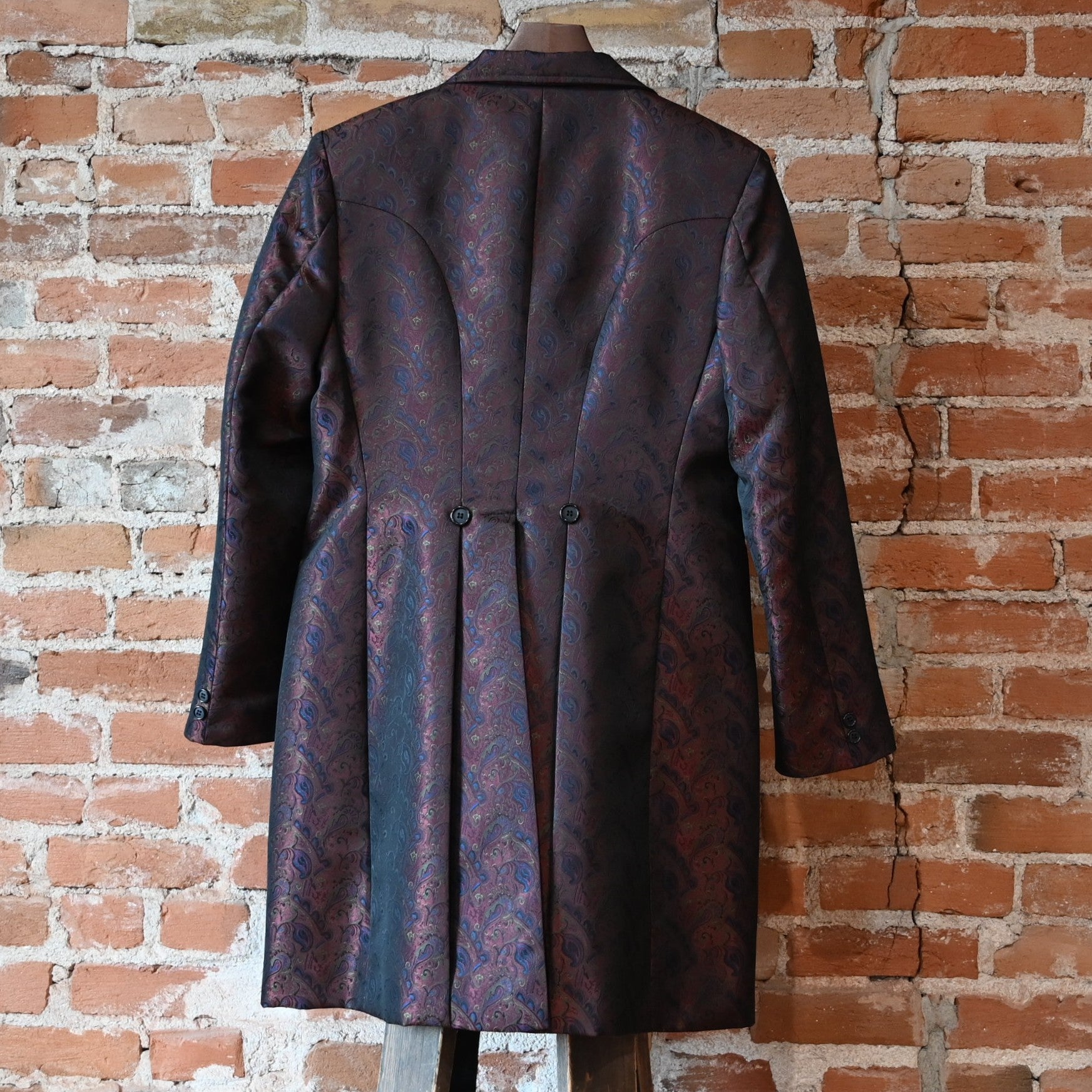 Frontier ladies rust blue green brocade frock coat with tailored bodice and mid-length skirt