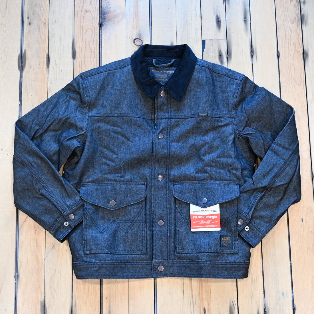 Filson × Wrangler black denim work jacket, sherpa lined with snap front and corduroy collar
