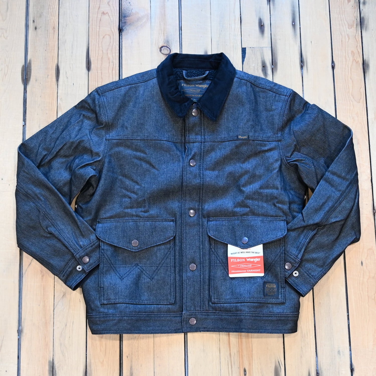 Filson × Wrangler black denim work jacket, sherpa lined with snap front and corduroy collar