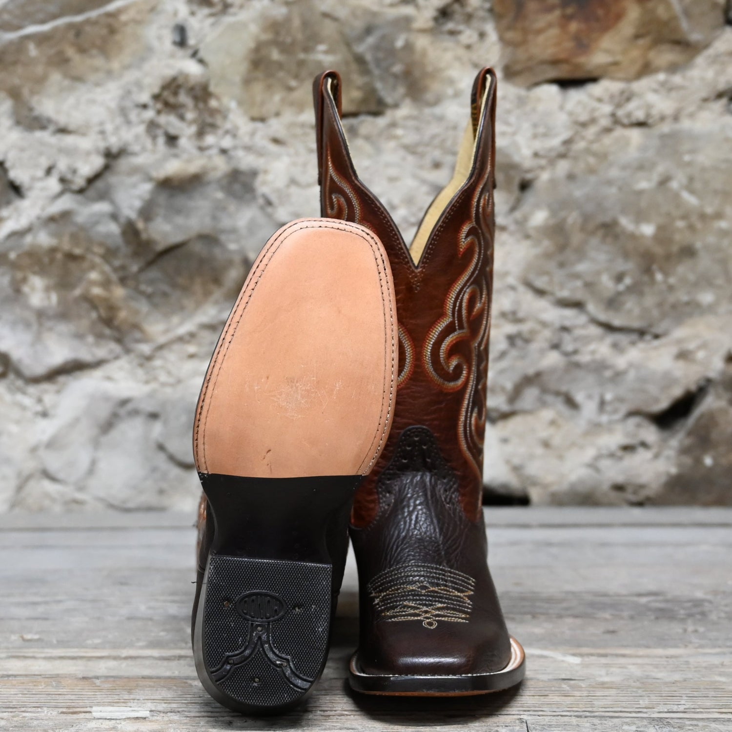 View of Hondo 13&quot; cowboy boot with rust volcano top, chocolate shoulder vamp, and medium square toe