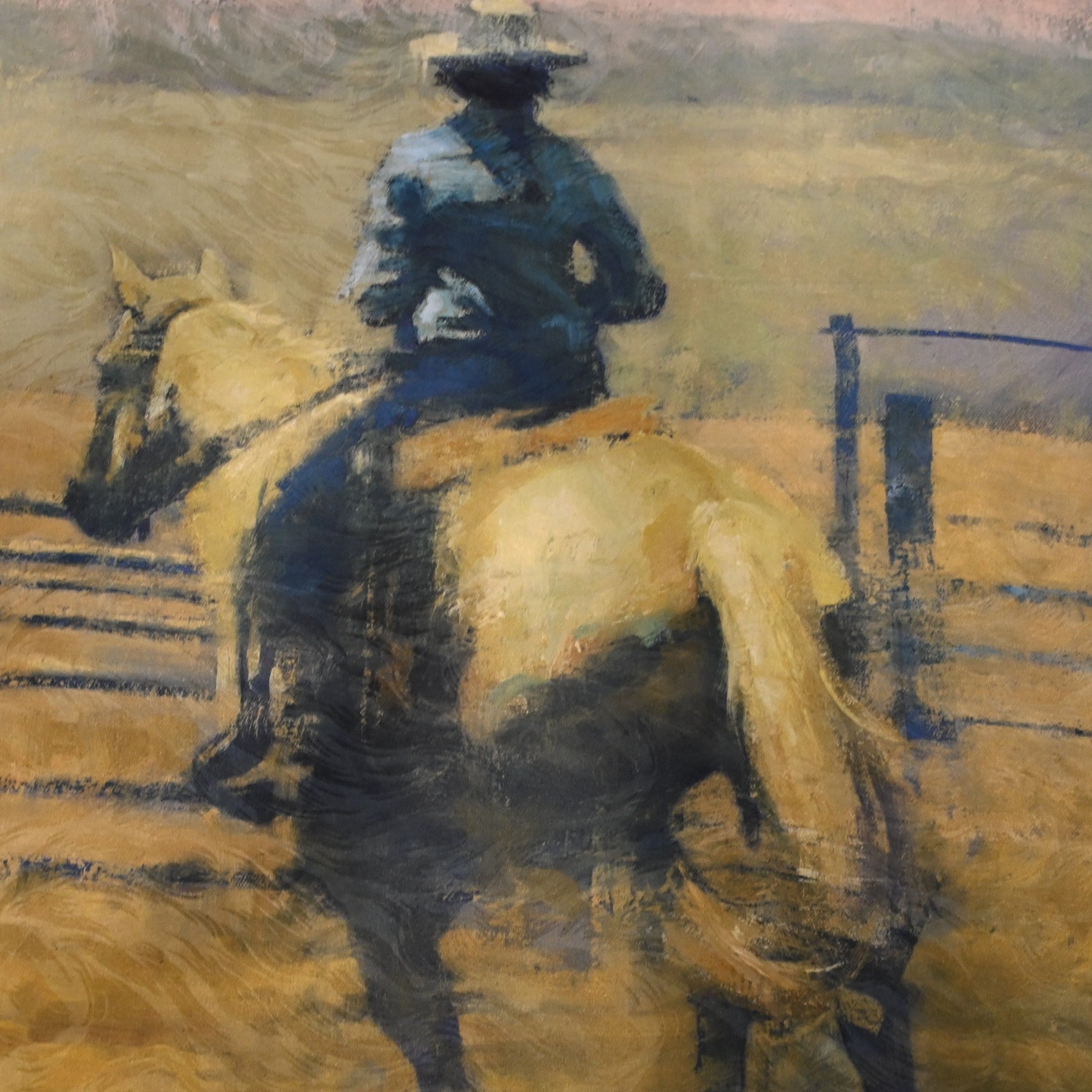 Rockmount Cowgirl in the Corral silk scarf, 36 × 36, Western scene by Terry Gardner