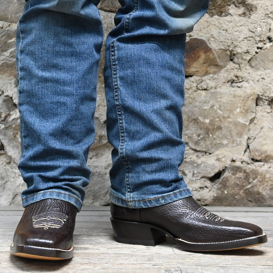 View of Hondo 13&quot; cowboy boot with brown volcano top, chocolate Spanish shoulder vamp, and medium square toe