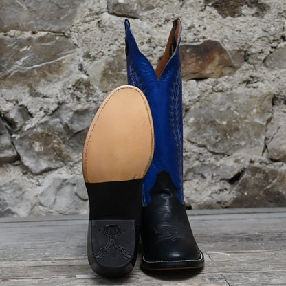 View of Hondo 16&quot; cowboy boot with royal blue top, black retan vamp, pull holes, and spur ledge
