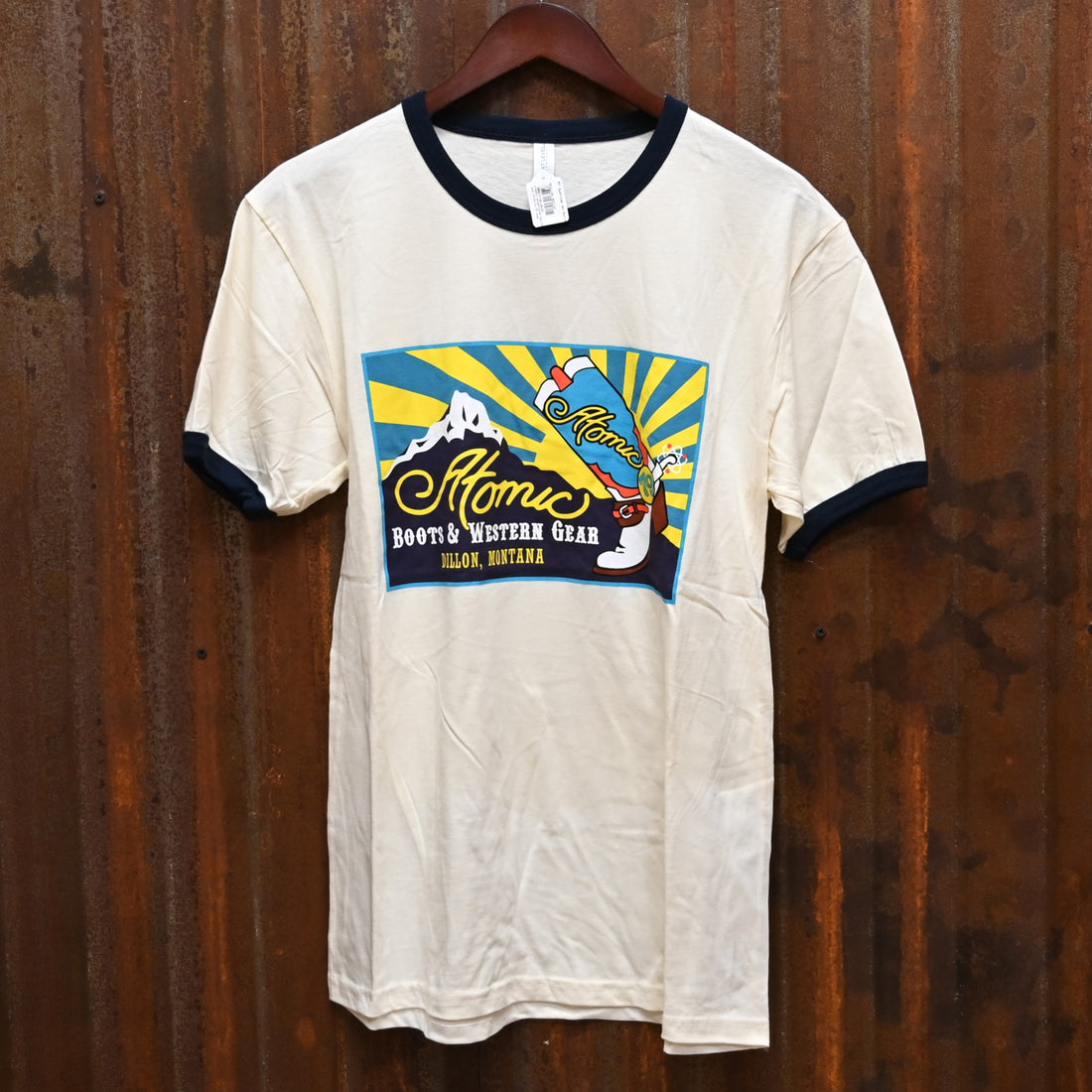 MT Sunrise on Nat-Navy- unisex view of tee