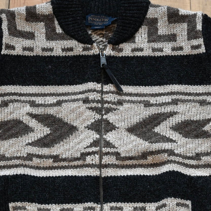 View of Pendleton Shetland zip sweater in Oxford Grey Multi with jacquard pattern and side pockets