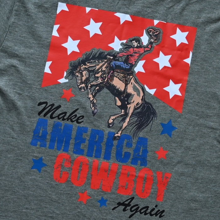 Heather Forest Green unisex tee with “Make America Cowboy Again” and stars graphic from 310 Ranch Life.