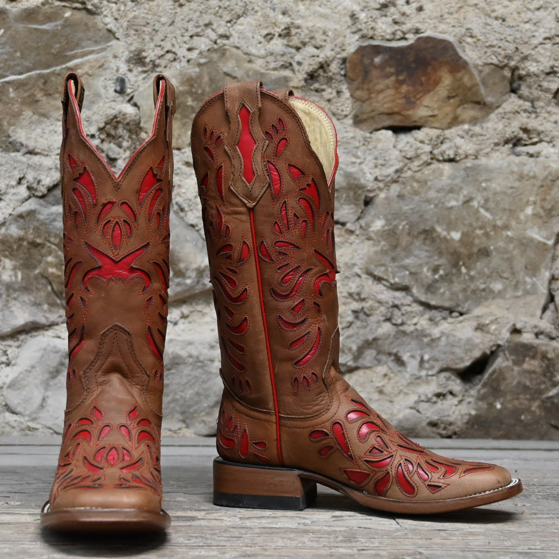 View of Hondo 13" cowboy boot in maple vintage leather with red inlays and wide square toe