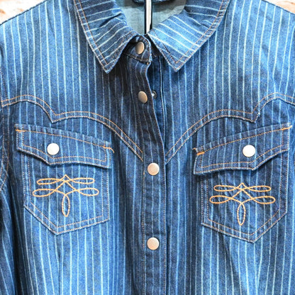 View of Double D Ranch Gunslinger Workshirt – Pinstriped denim shirt with custom concho buttons and detailed embroidery for a Western-inspired design