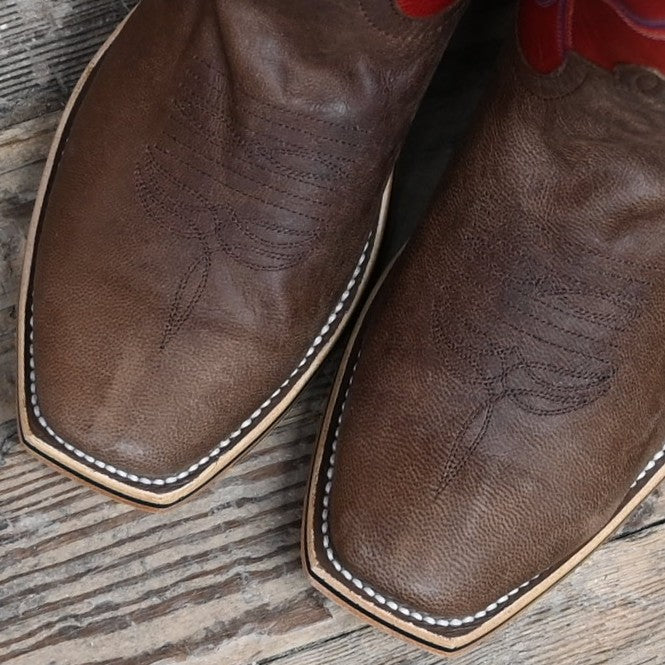 Horse Power 15-inch boot with Scarlet Fargo top and Canela Olson vamp, cutter toe, and cowboy heel