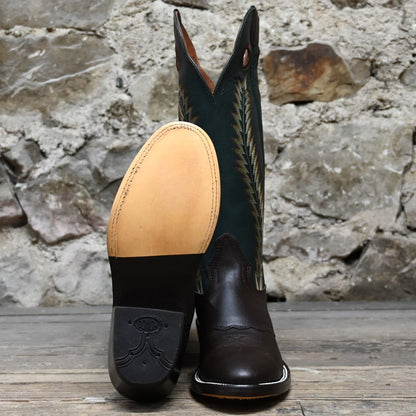 View of Hondo 16&quot; cowboy boot with forest green top, brown retan vamp, pull holes, and double welt stitch
