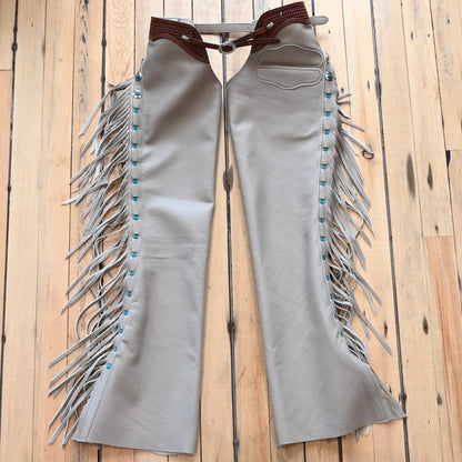 View of K Bar J Borderline Versatility Chap in Medium with fringe and leather border