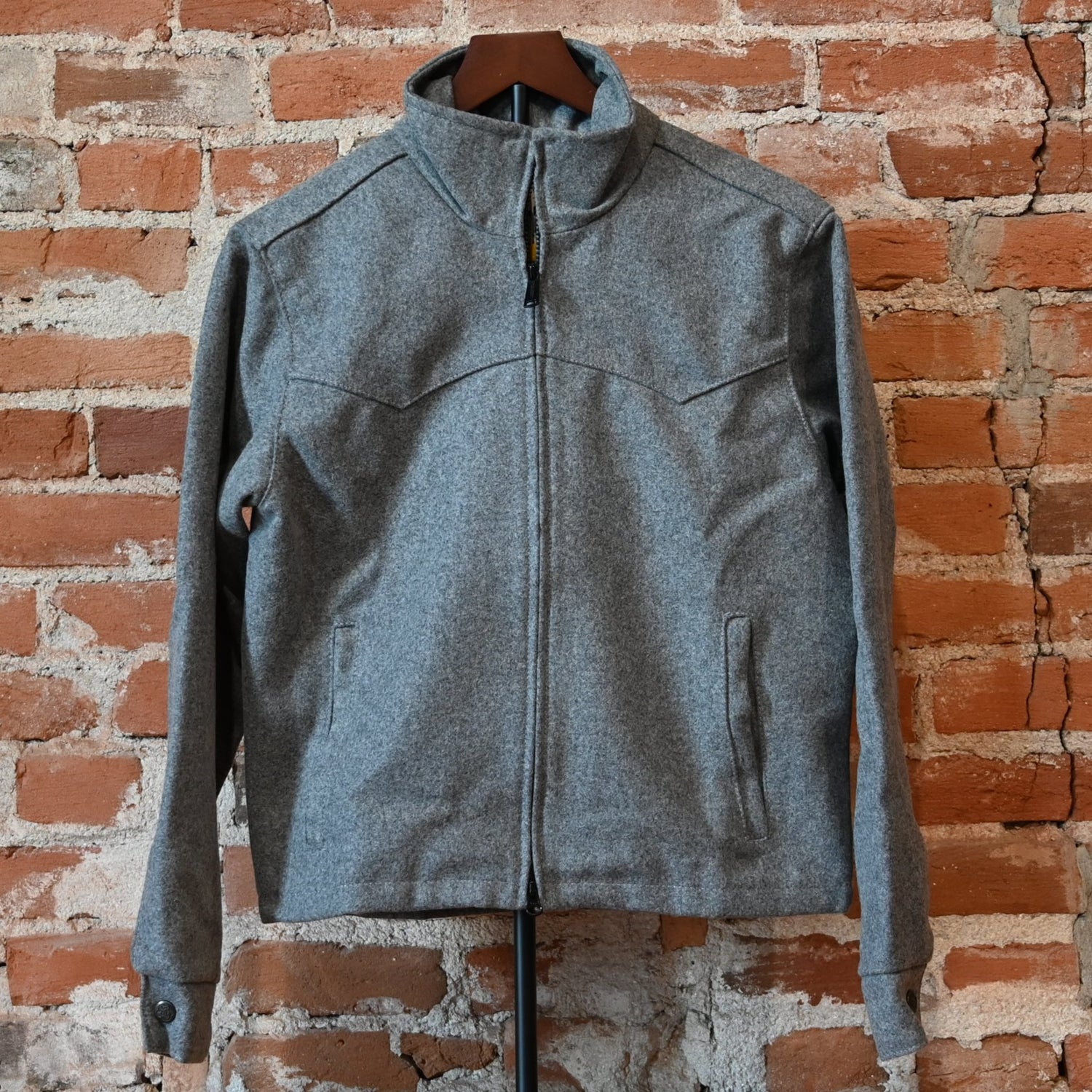 Schaefer ladies heather grey wool arena jacket with Western yoke and two-way zipper