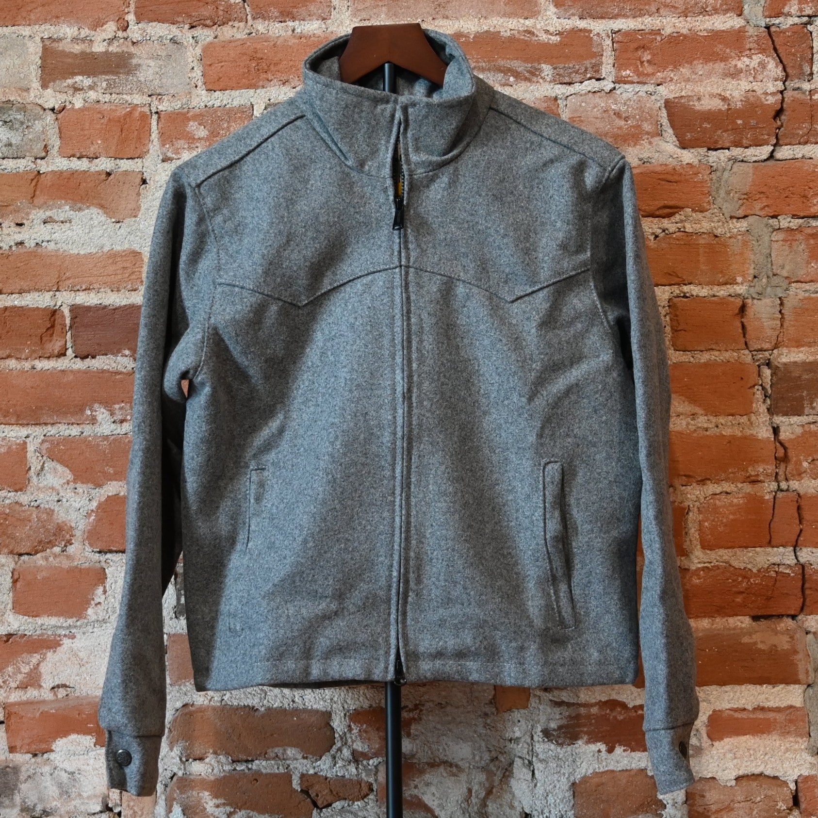 Schaefer ladies heather grey wool arena jacket with Western yoke and two-way zipper