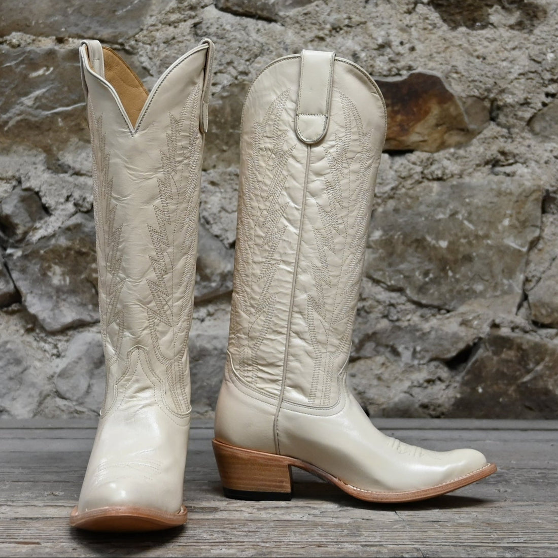 View of Macie Bean 15″ “Spacey Gracey” boot in Vanilla Hotshot leather with almond toe and City Girl heel