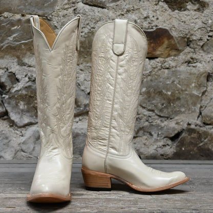 View of Macie Bean 15″ “Spacey Gracey” boot in Vanilla Hotshot leather with almond toe and City Girl heel