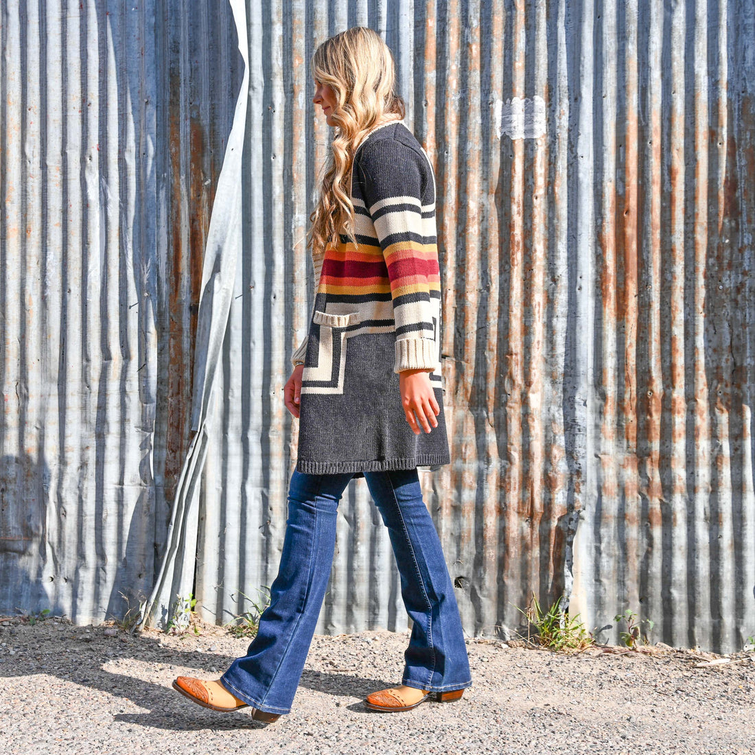 View of Pendleton open-front cardigan with Harding pattern and patch pockets