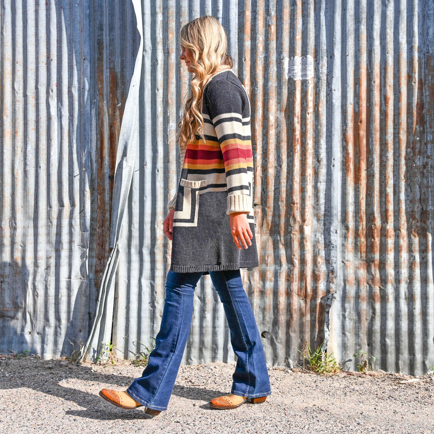 View of Pendleton open-front cardigan with Harding pattern and patch pockets