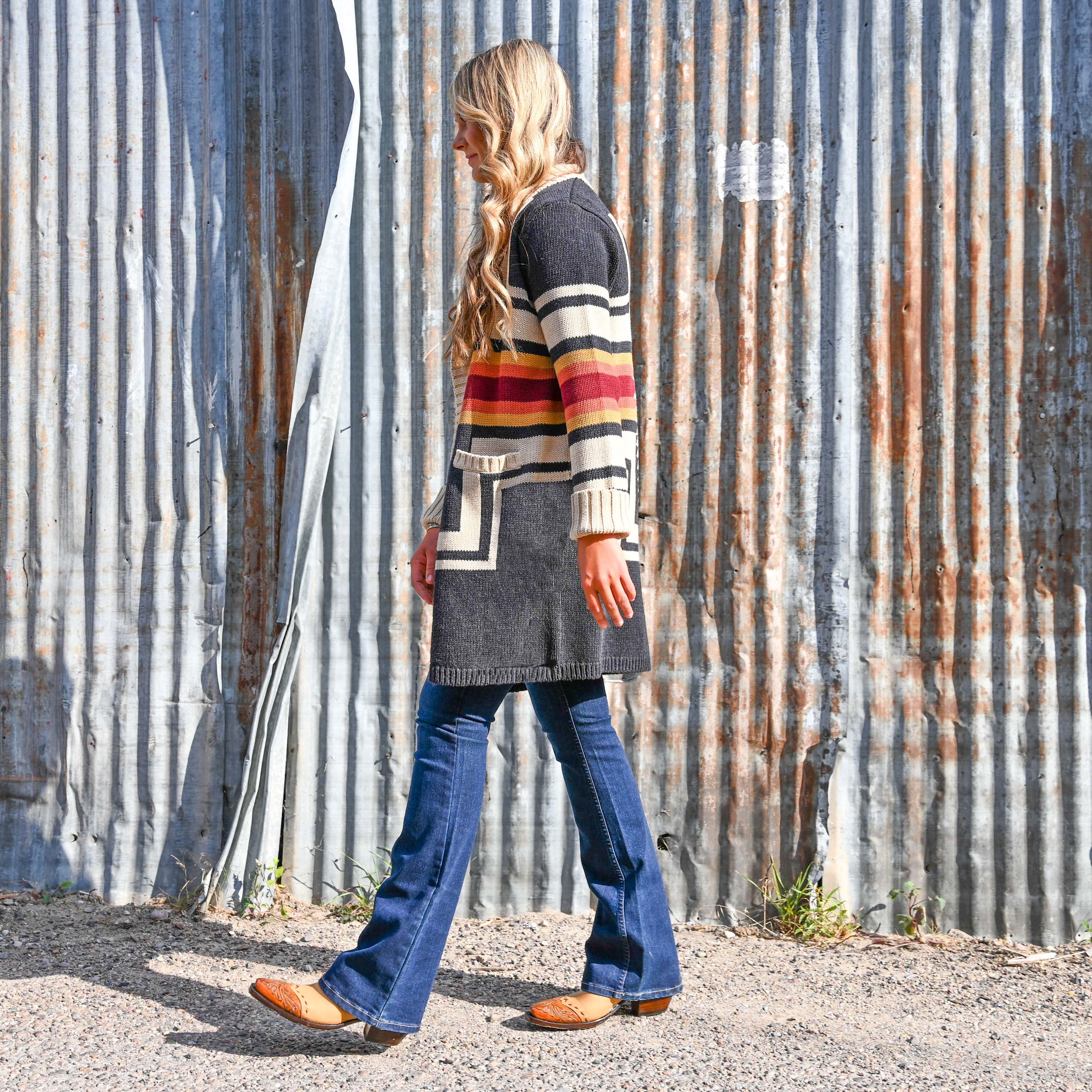 View of Pendleton open-front cardigan with Harding pattern and patch pockets