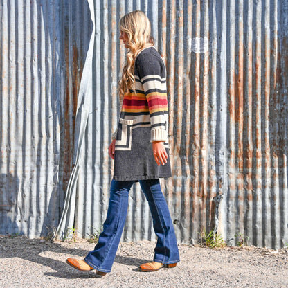 View of Pendleton open-front cardigan with Harding pattern and patch pockets