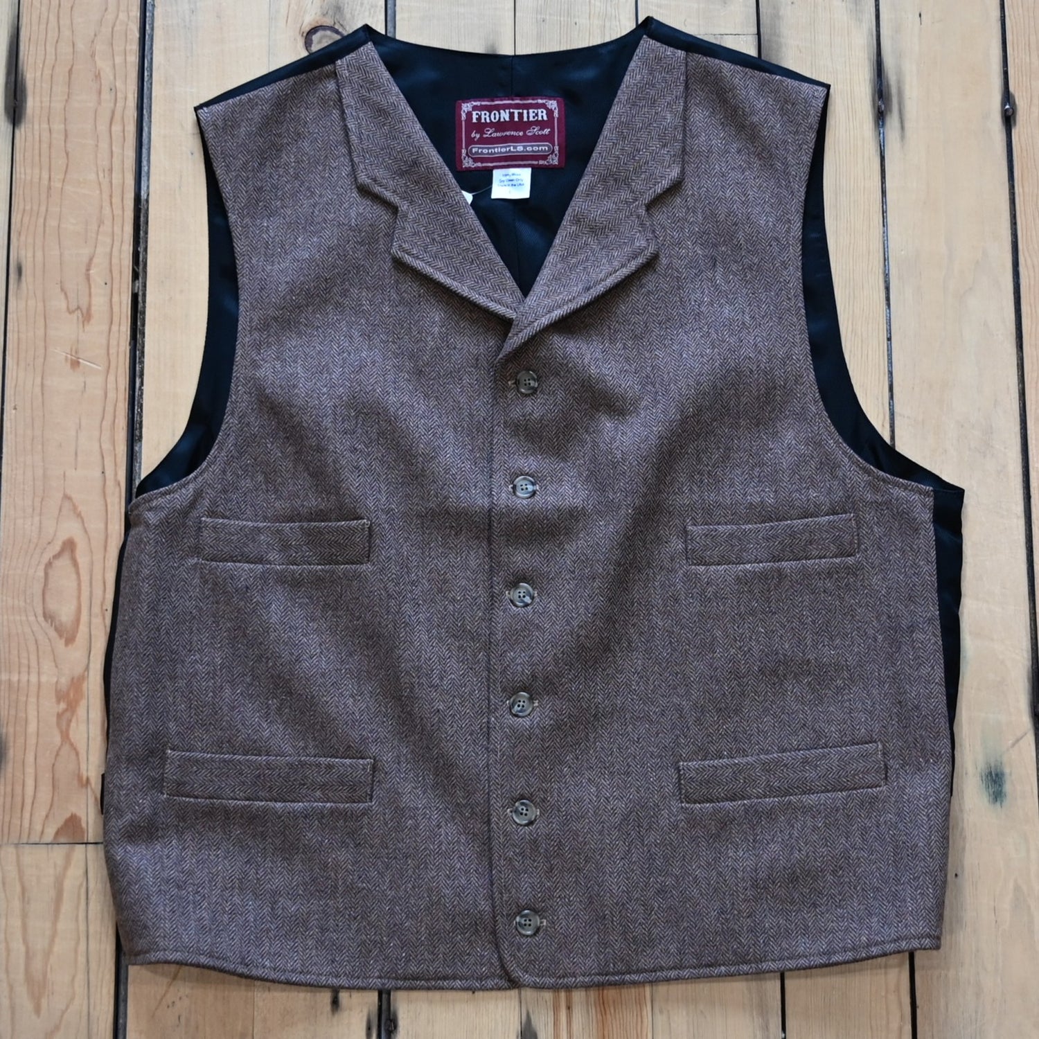 Frontier Men’s tweed stripe notch vest dark tan front view