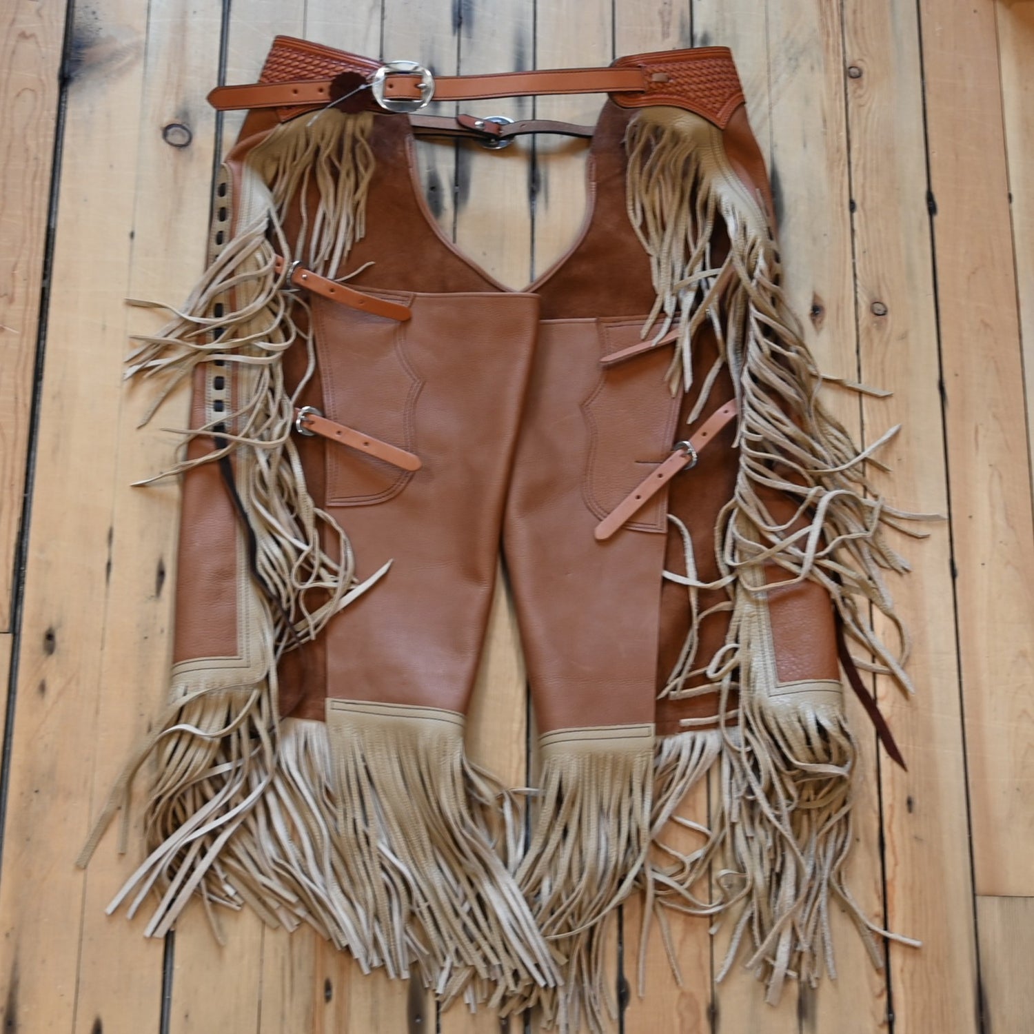 View of K Bar J Square Bottom Chinks with Fringe in Size Large