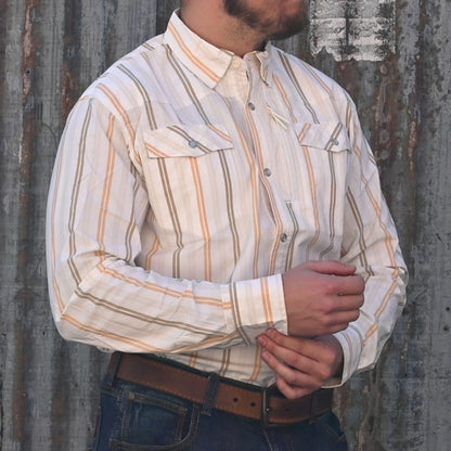 View of Schaefer Western Guide Snap Shirt in Cisco pattern with mesh venting and snap chest pockets