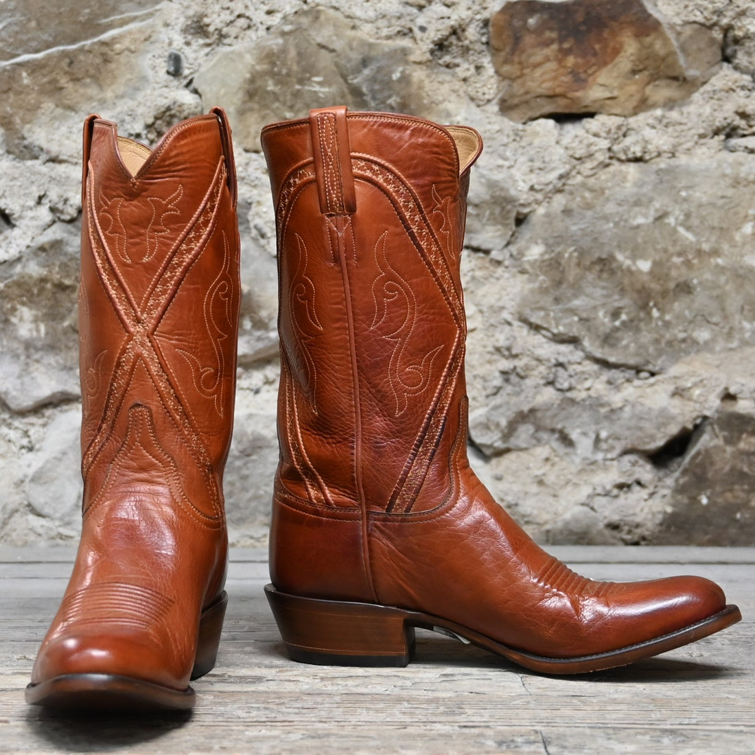 Lucchese Men’s 12-inch classic boot in cognac burnished buffalo calf leather with square toe and Western heel