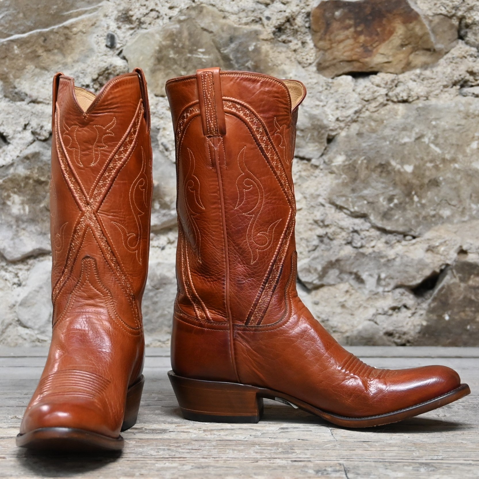 Lucchese Men’s 12-inch classic boot in cognac burnished buffalo calf leather with square toe and Western heel