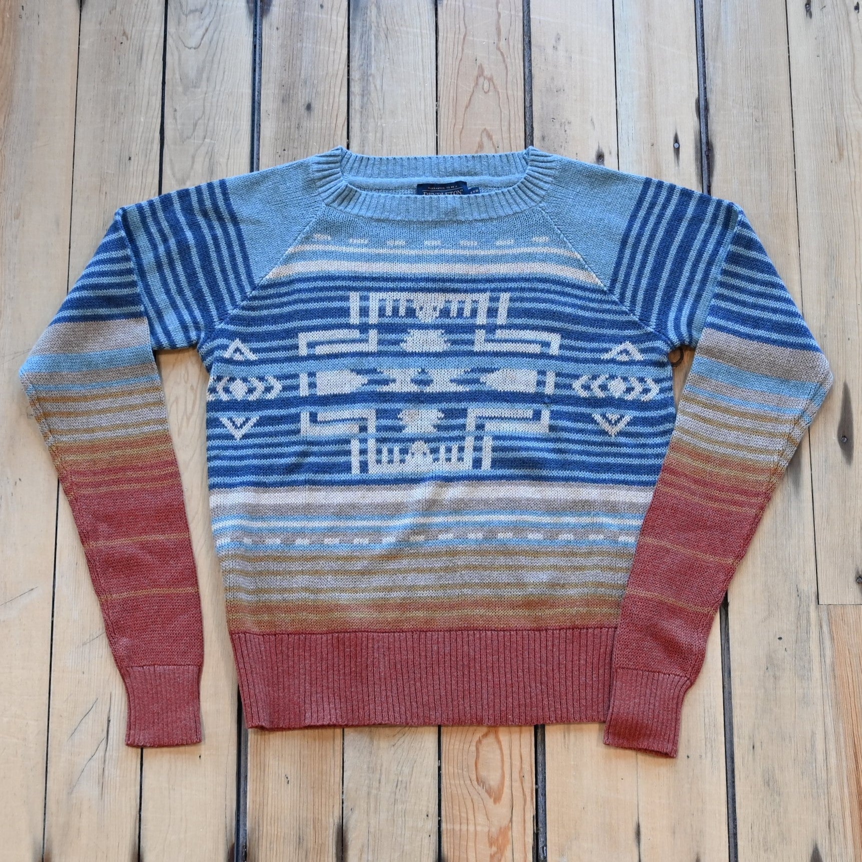View of Pendleton cotton raglan sweater in Glacier Blue Multi with ombré chest design