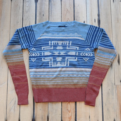 View of Pendleton cotton raglan sweater in Glacier Blue Multi with ombré chest design