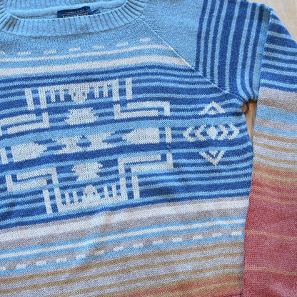View of Pendleton cotton raglan sweater in Glacier Blue Multi with ombré chest design