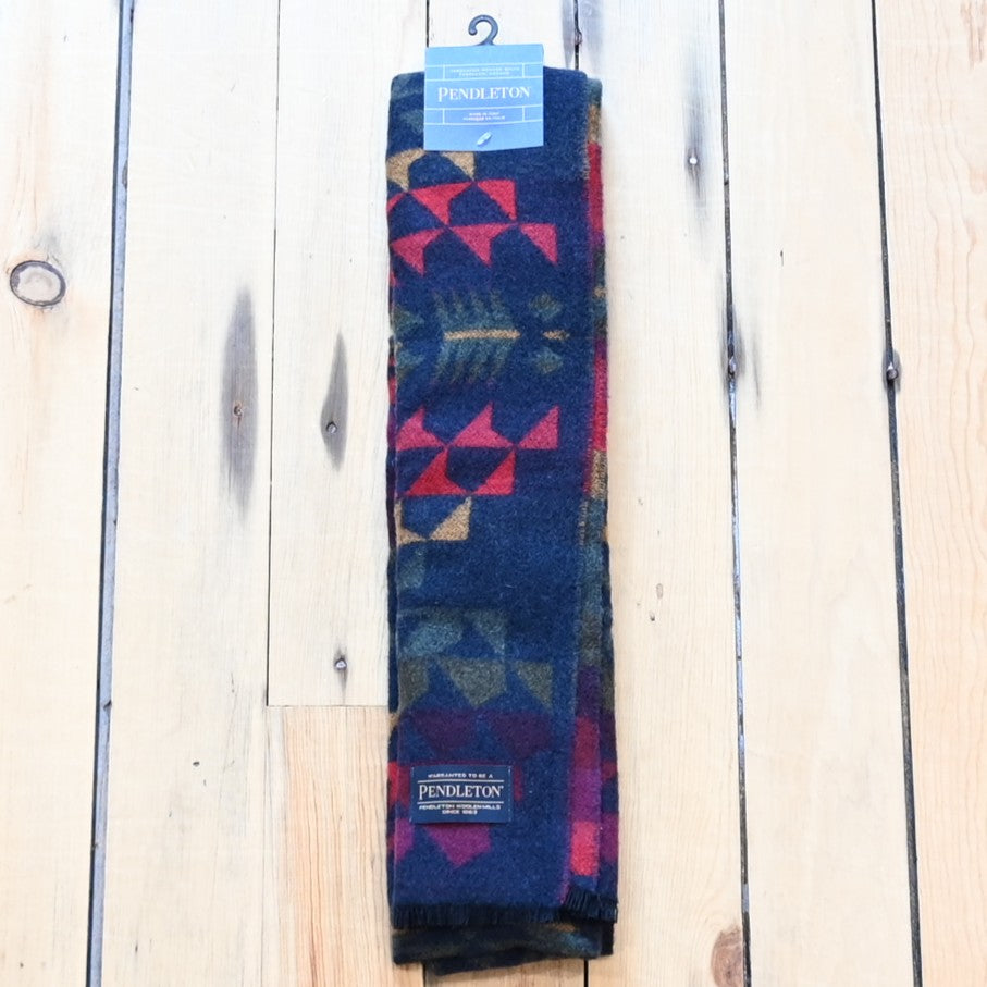 Pendleton Jacquard Wool Scarf in Autumn Birch Navy with fringed edges.