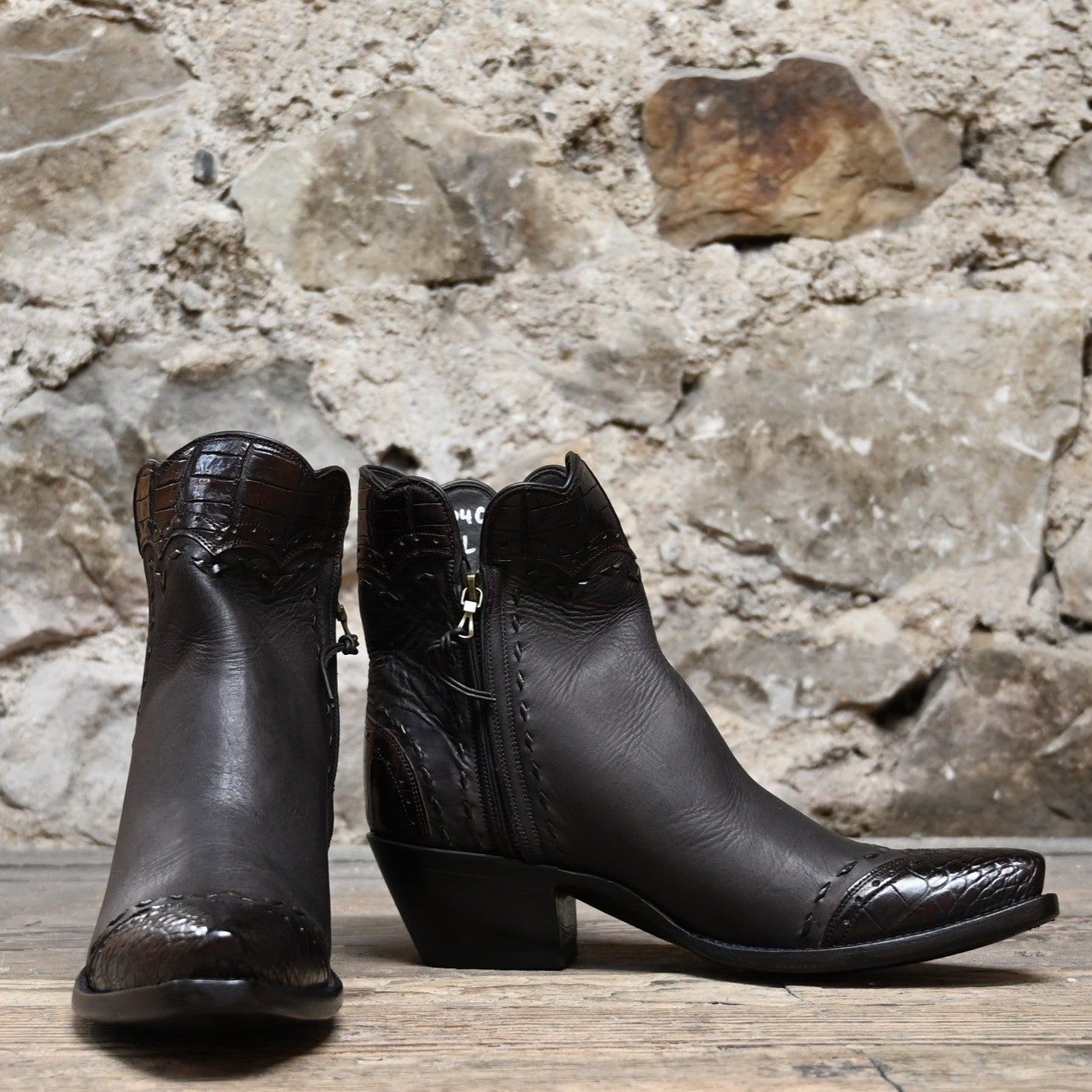 View of Stallion Ladies Zorro zip boot in chocolate horsehide with crocodile trim and B toe