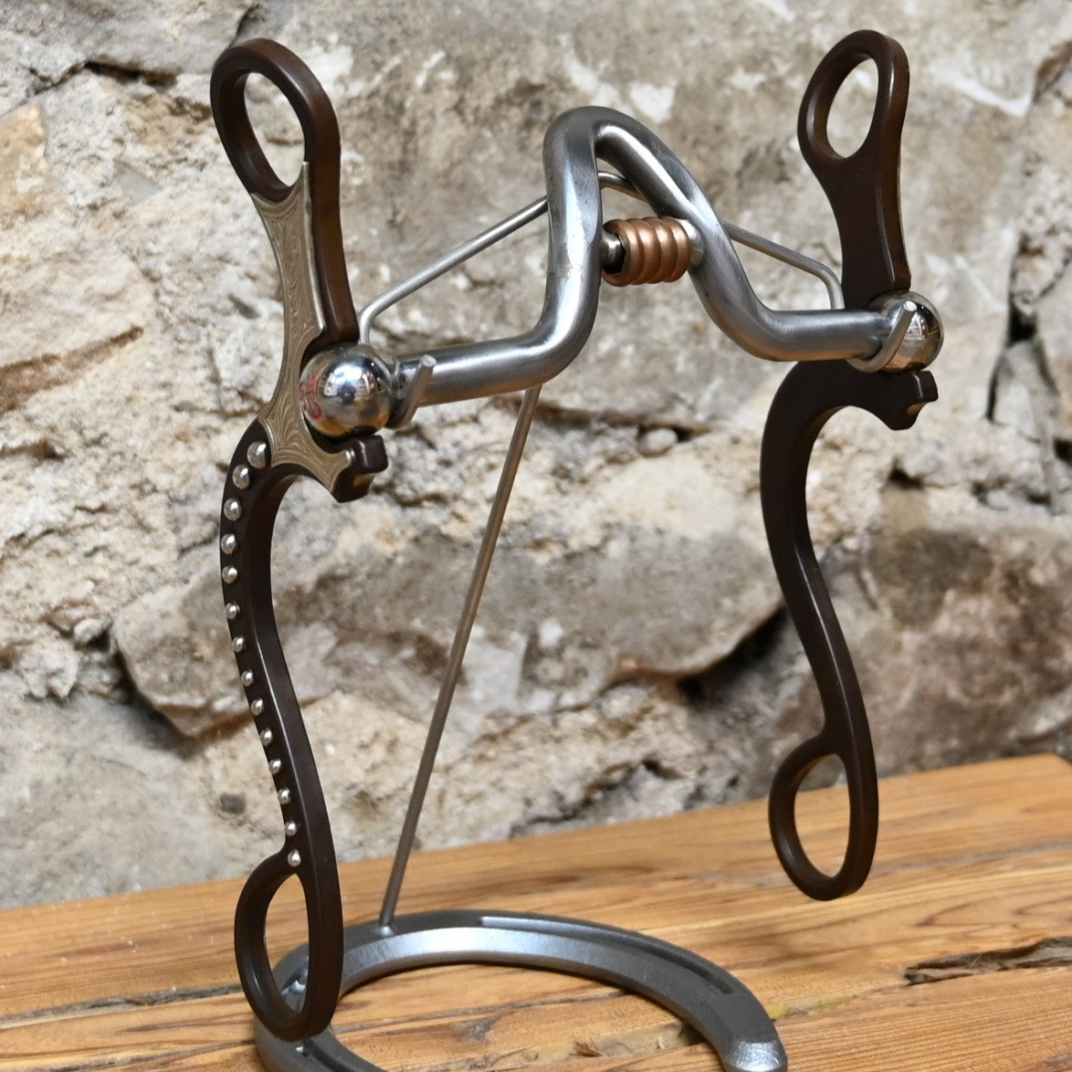 Tom Balding Sheridan Malibu bit with brown finish shanks, sweet iron mouthpiece, and copper roller.