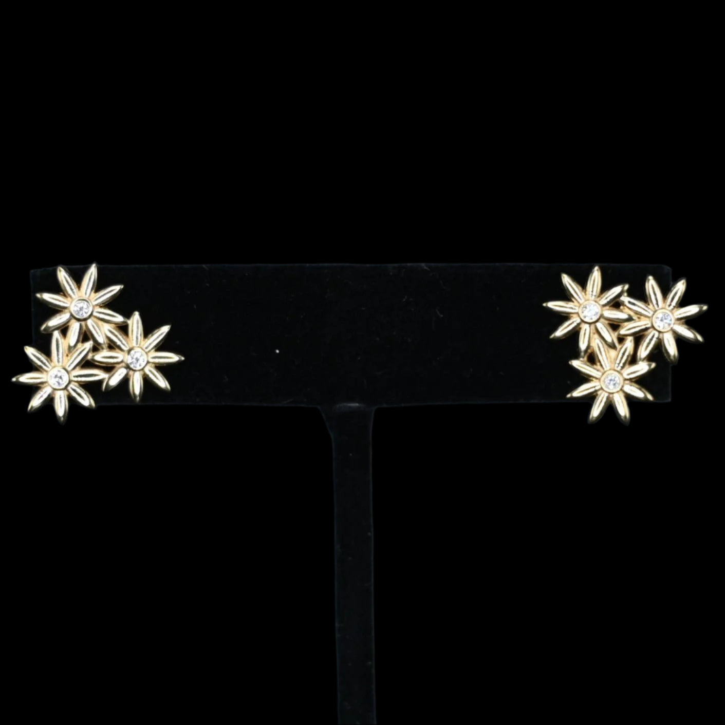 DAISY TRIO EARRINGS- 6- .12 CT TOTAL EF VS DIAMONDS- MINED- 18K YELLOW GOLD view of earrings
