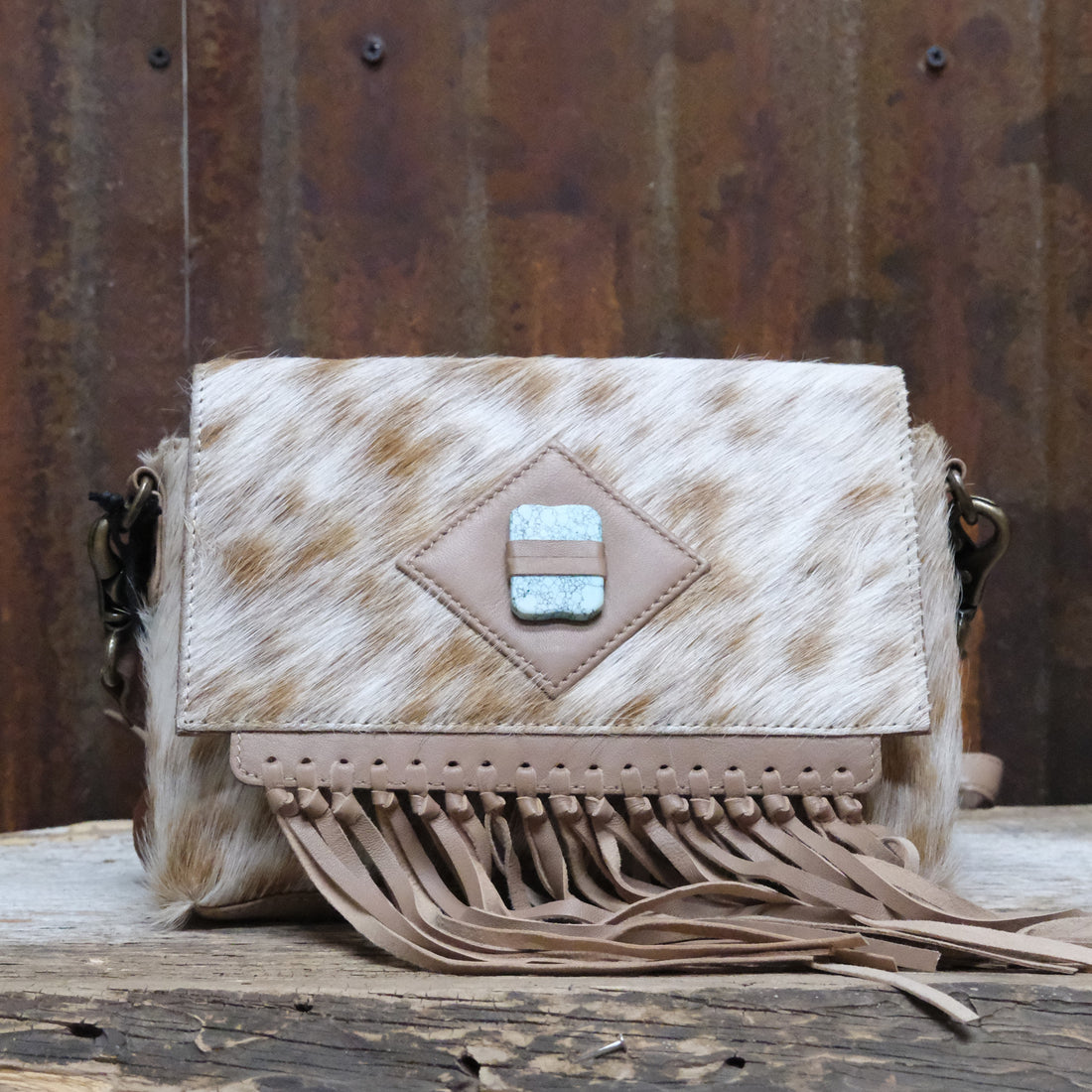 Myra Carrington Club leather bag with hair-on hide accents and spacious interior