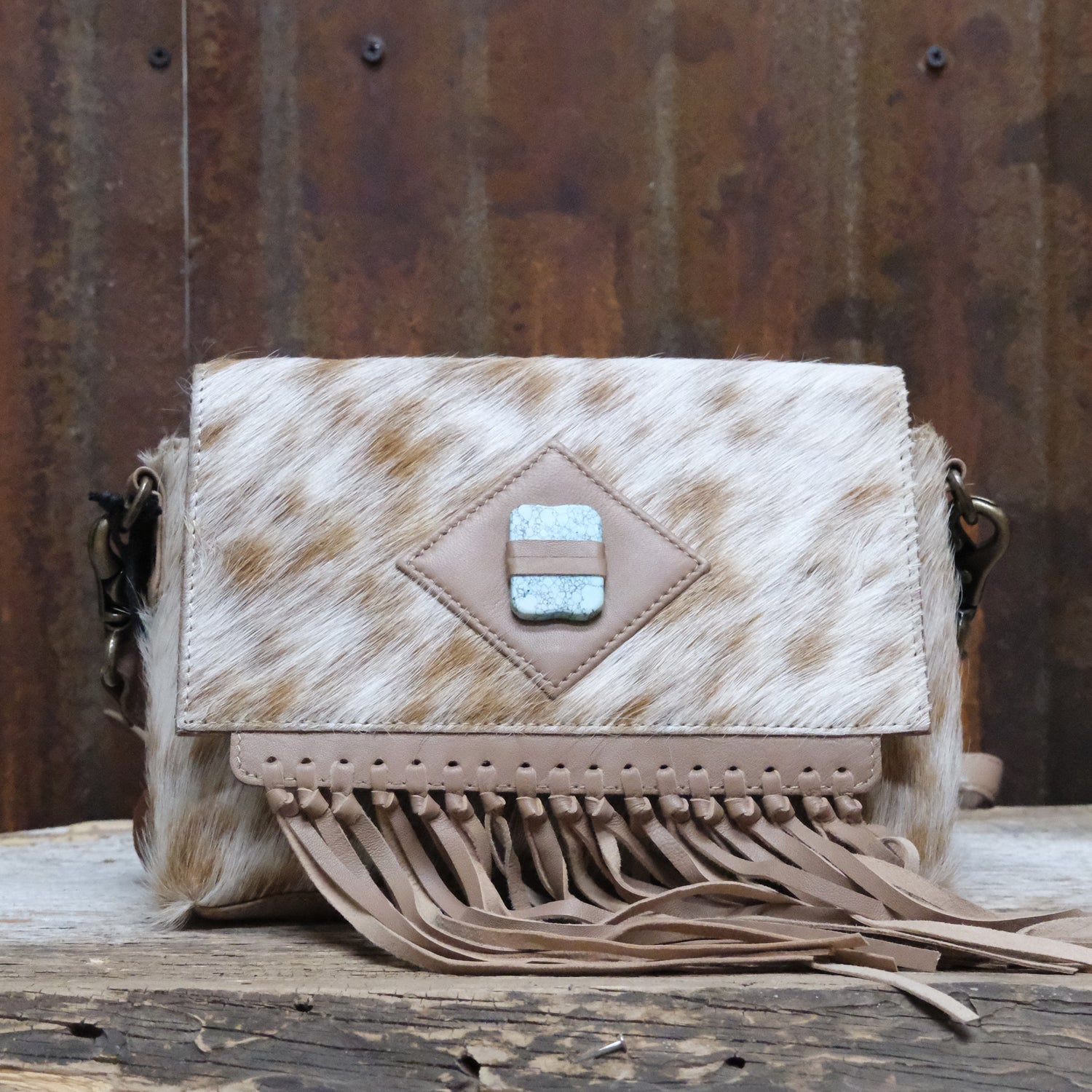 Myra Carrington Club leather bag with hair-on hide accents and spacious interior