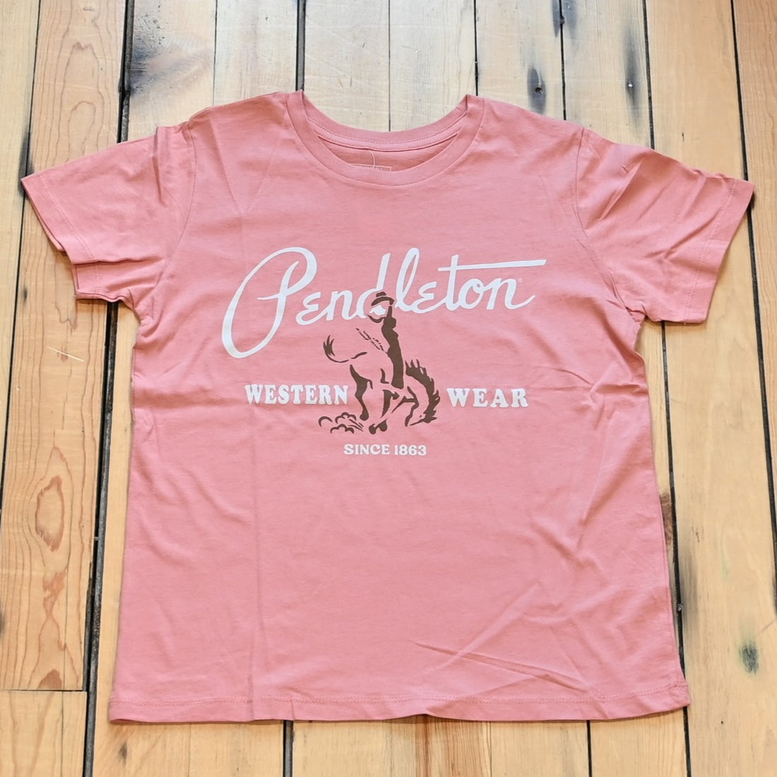 Dusty rose Pendleton t-shirt with vintage cowgirl and horse graphic, relaxed fit, crewneck