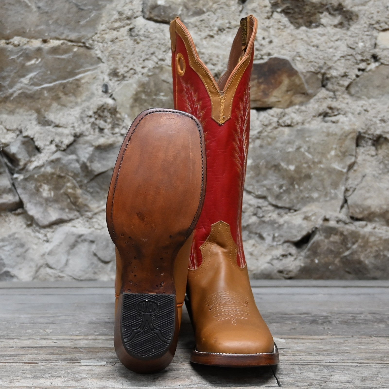 View of Hondo 16&quot; cowboy boot with red top, honey crazy horse vamp, wide square toe, pull holes, and spur ledge