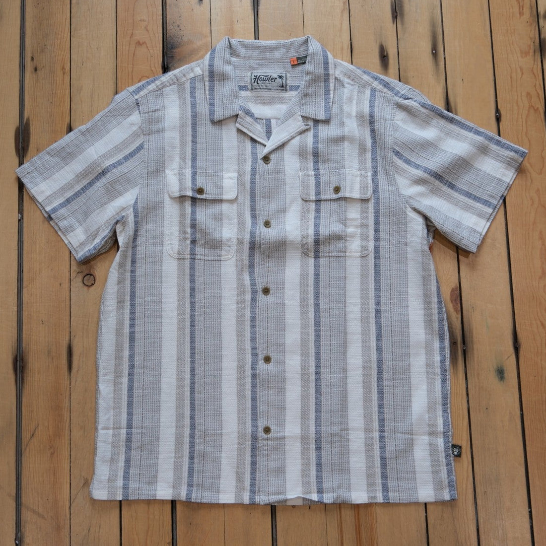 Howler Bros Shores Club Shirt in Old Bill Stripe: Limestone.