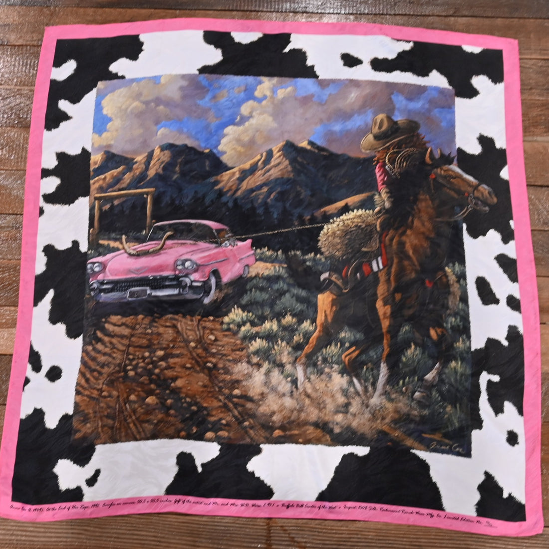 Rockmount silk scarf “Buffalo Bill Goes West” with Western artwork in muted tones, 36″ × 36″