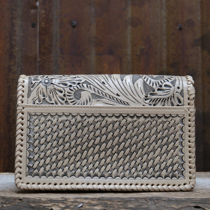 Que Chula El Guante cream tooled leather purse with glove style hand strap