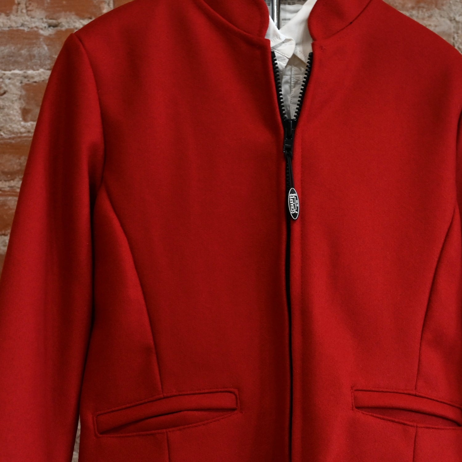 View of Schaefer ladies wool jacket in solid gray, red, or black with western yoke and zip front