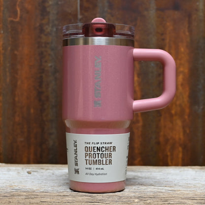 Stanley Quencher ProTour Flip Straw Tumbler 14 oz in Port Shimmer pink/rose metallic with flip straw lid and textured handle