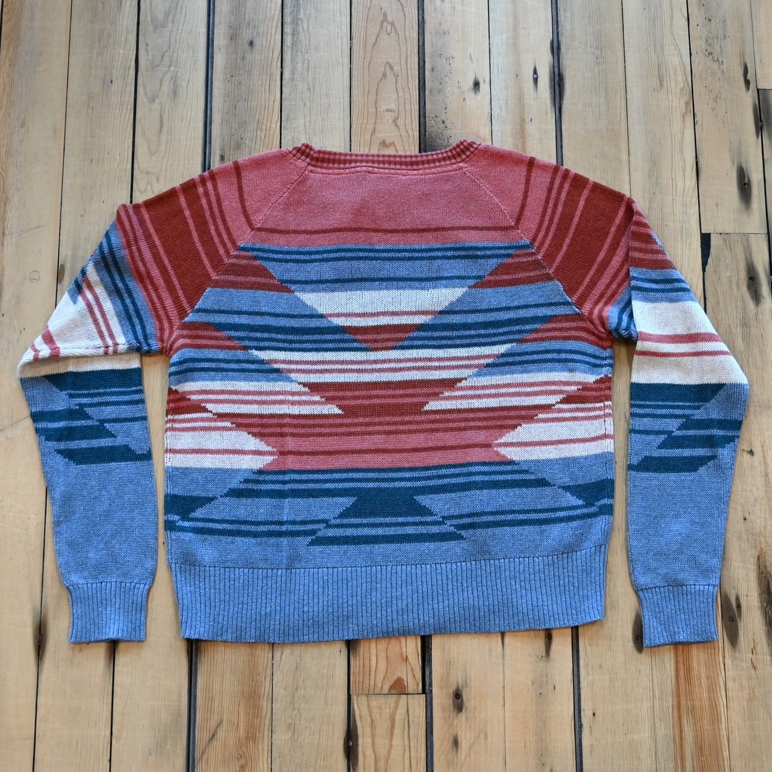 View of Pendleton raglan cotton sweater with Southwestern ombré chest graphic and ribbed crew neck