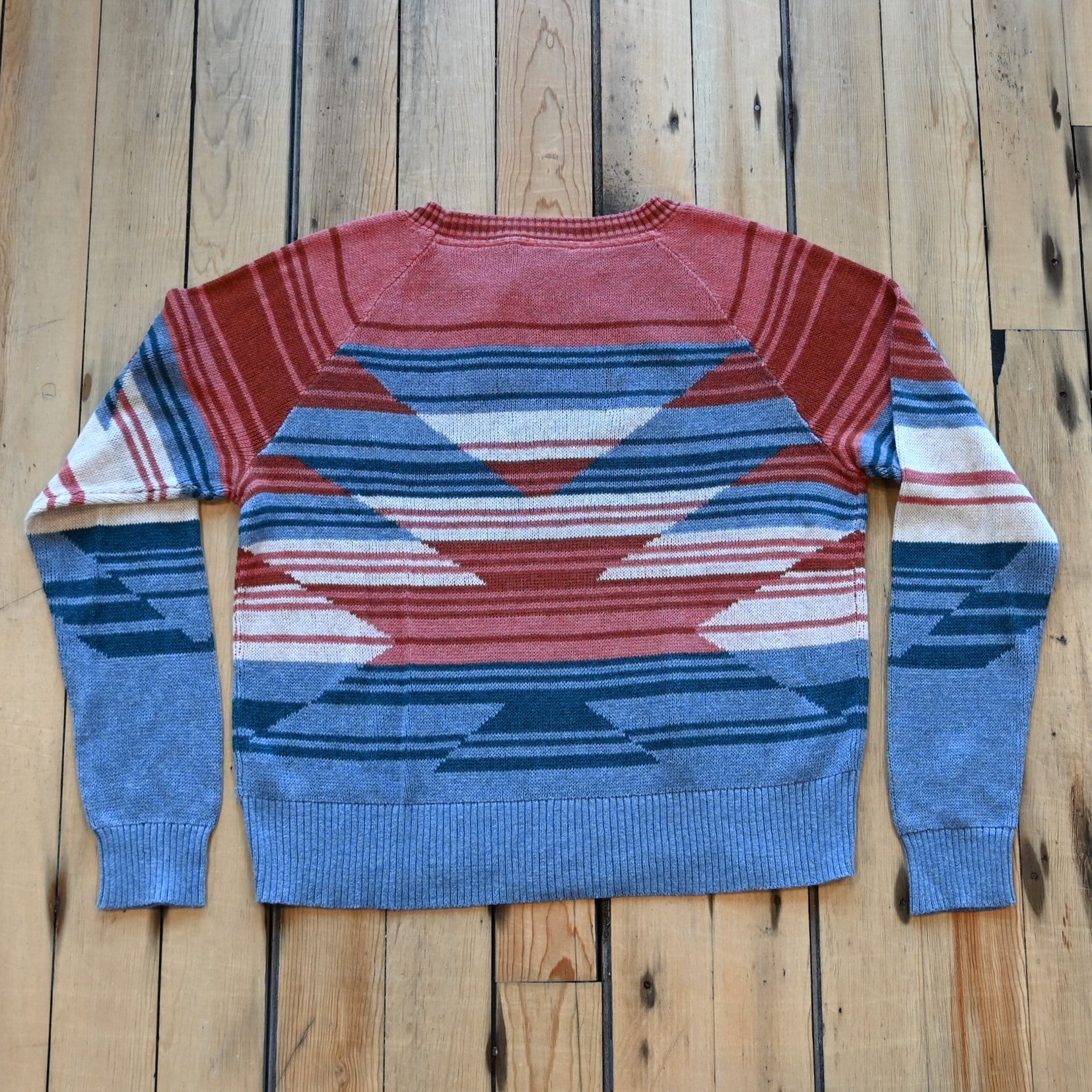 View of Pendleton raglan cotton sweater with Southwestern ombré chest graphic and ribbed crew neck