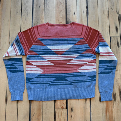 View of Pendleton raglan cotton sweater with Southwestern ombré chest graphic and ribbed crew neck